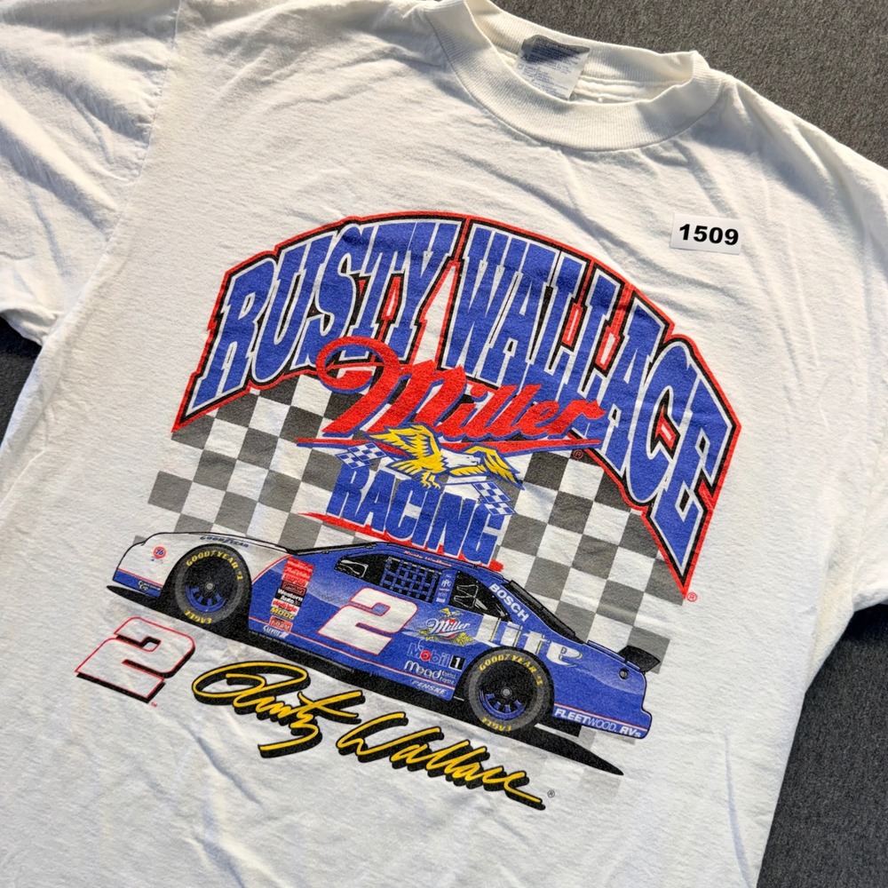 Vintage Rusty Wallace Miller Lite Racing T-Shirt Mens Large White Tultex NASCAR